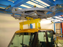 Overhead Monorail System with hydropneumatic swivel and lifting station in a paint shop and the assembly area of a car cabin manufacturer